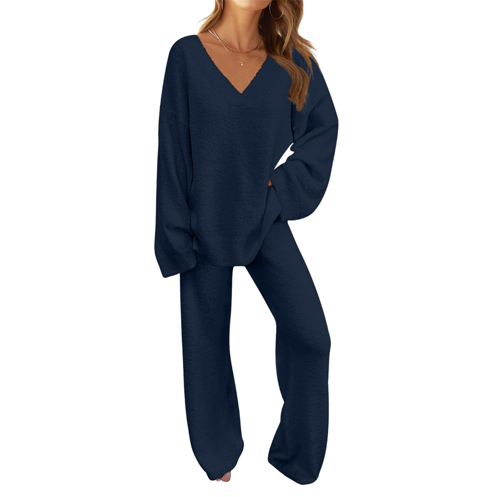 Women's 2-Piece Clothing Set, Fuzzy Wool Pajama Set Long Sleeve Loungewear, Black L - Image 1