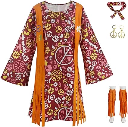 Hippie Disco 70s Costume for Women, Headband, Dress, Ankle Socks, Peace Symbol for Ladies Cosplay Party Orange L Orange L_max Orange L - Image 1