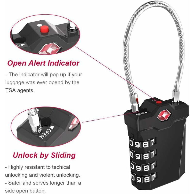 Luggage Lock, TSA 4-Digit Combination Lock for Suitcase with Opening Alarm, Code Lock Gym Cable Lock (1 Piece, Black) - Image 4