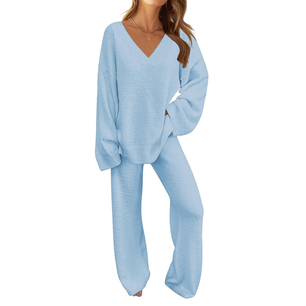Women's 2-Piece Set Fuzzy Fleece Pajamas Set Long Sleeve Loungewear Blue Blue Blue M - Image 1