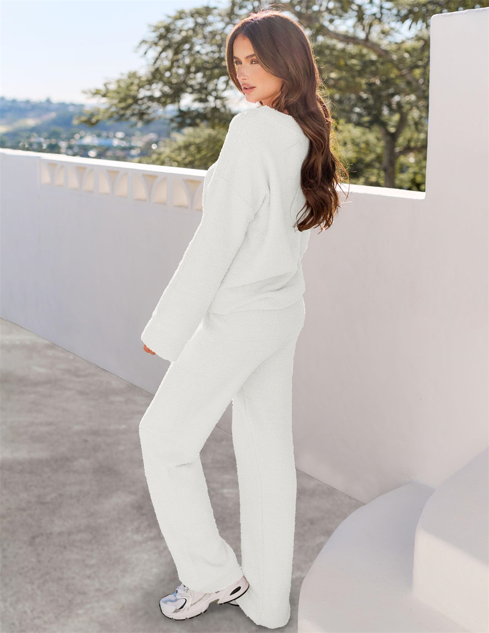 Women's 2-Piece Set Fuzzy Fleece Pajamas Set Long Sleeve Loungewear Blue Blue Blue M - Image 2
