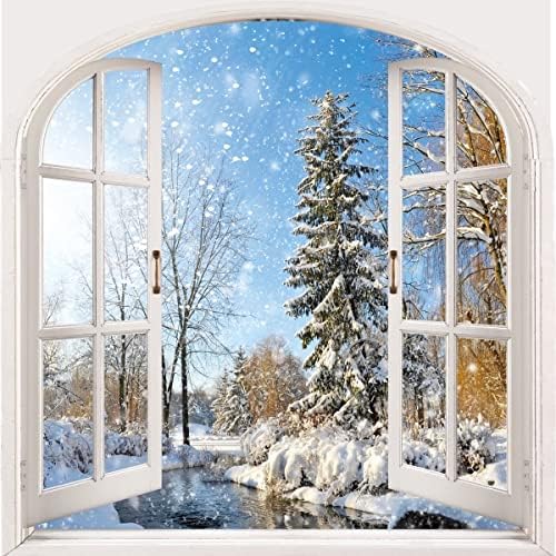 Winter Snowy Shower Curtain, Window View Blue Sky Winter Christmas Tree River Nature Snowy Scene Bath Curtains for Holiday 180cm x 180cm - Image 3