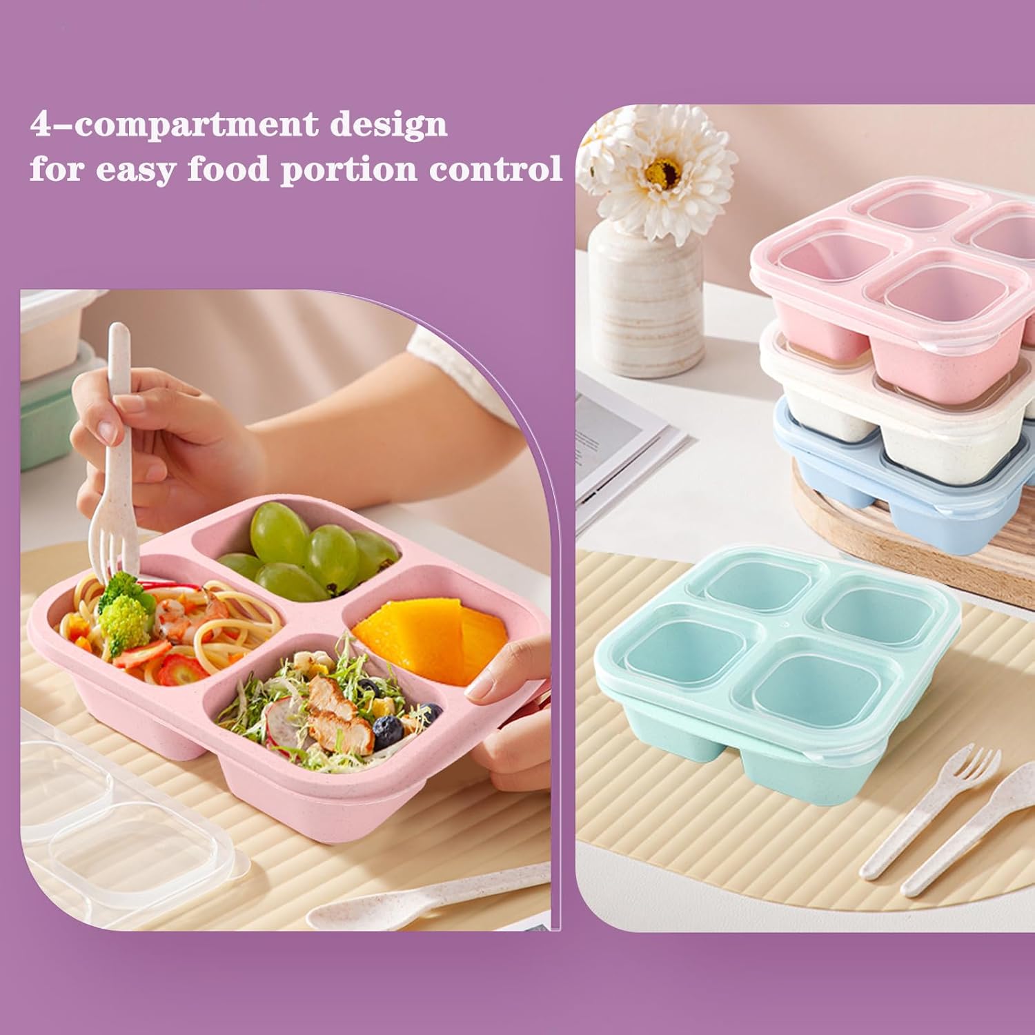 4-pack snack boxes with compartments, snack containers for kids and adults, 4-compartment bento lunch boxes - Image 5