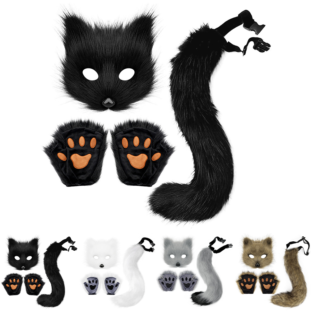 Therian Paws Fur Mask & Tail Set Girly Cat Mask Halloween Party Costume Black - Image 3