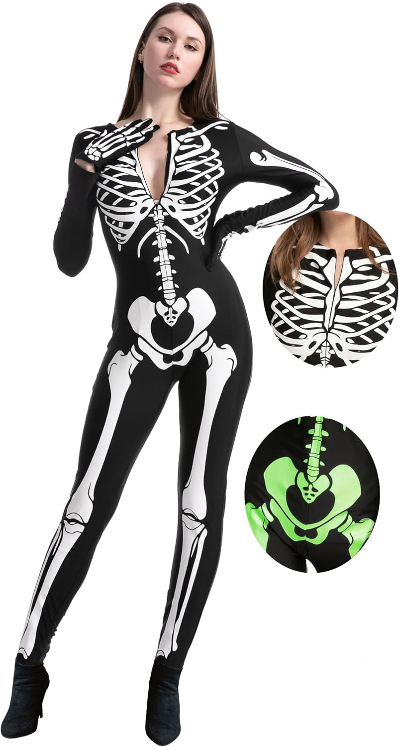 Adult Chilren Skeleton Costume Women Glow in the Dark Skeleton Costume Halloween Fancy Dress Up Role Play Cosplay 1 XL - Image 1