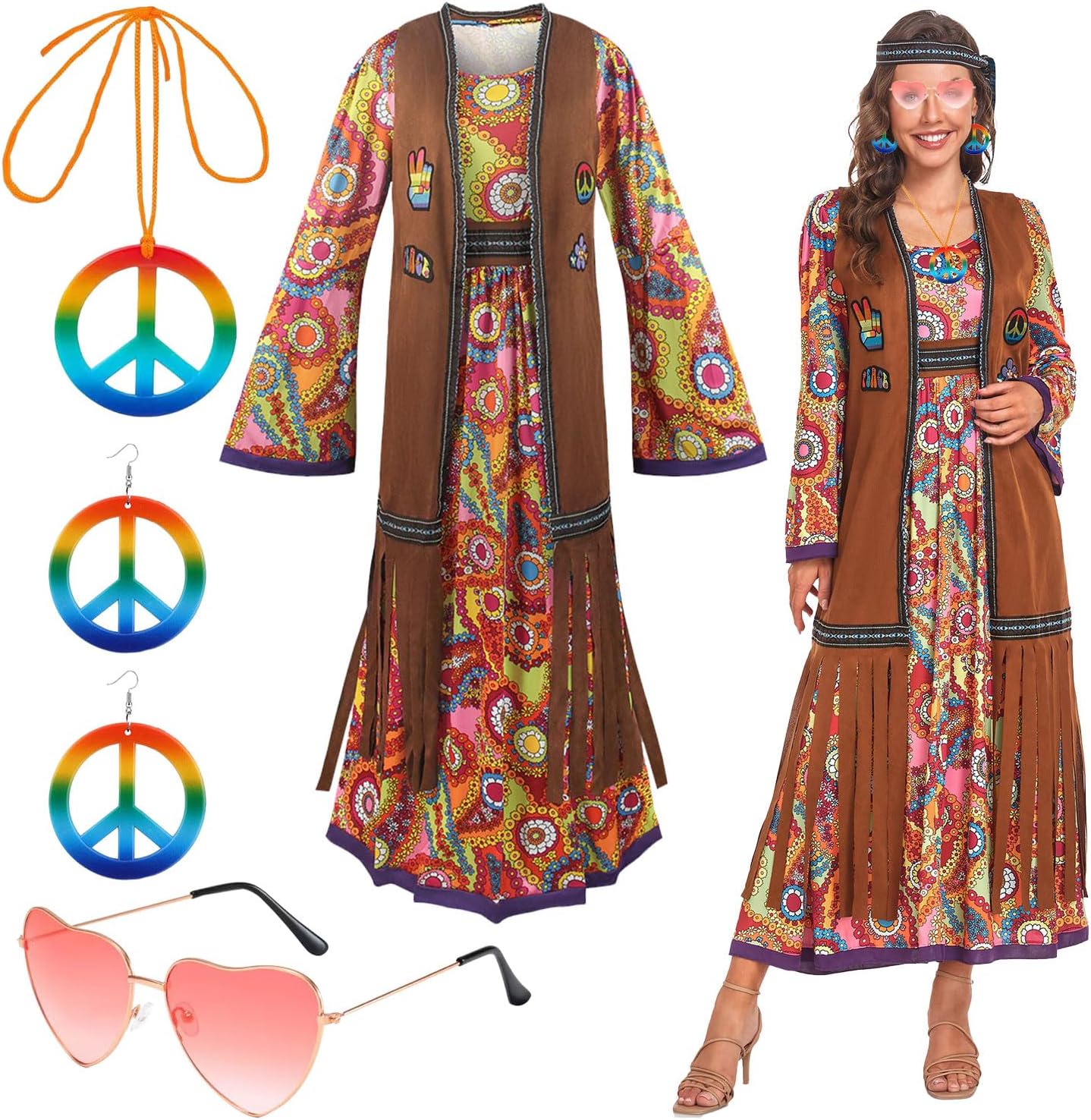 60s costume women, hippie women's dress set, 70s disco halloween outfits, hippie clothing women's costume, 60s clothing accessories L - Image 1