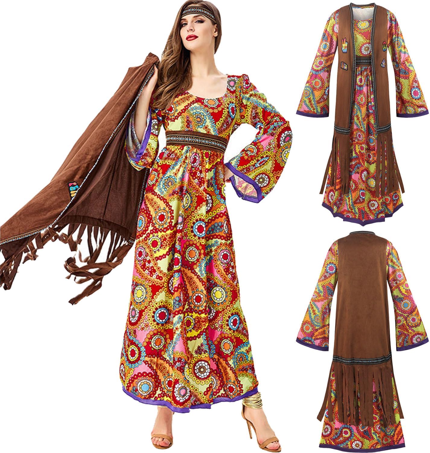 60s costume women, hippie women's dress set, 70s disco halloween outfits, hippie clothing women's costume, 60s clothing accessories L - Image 3