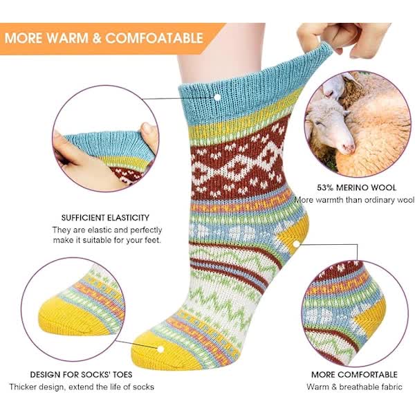 Pairs of Women's Merino Wool Socks, Thicker Thermal Knitting, Women's Socks for Hiking, Backpacking, Climbing, Winter (Red/Brown/Green/Blue/Dark Blue) - Image 2