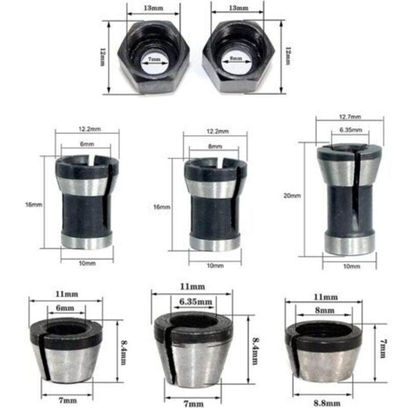 Milling Chuck - Set of 6, Countersunk Collet (6 mm, 6.35 mm, 8 mm), Router Collet, Collet Adapter - Image 2