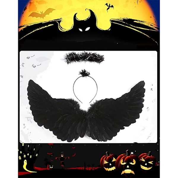 Black wings and halo devil wings for kids black wing feather wings for Halloween - Image 2