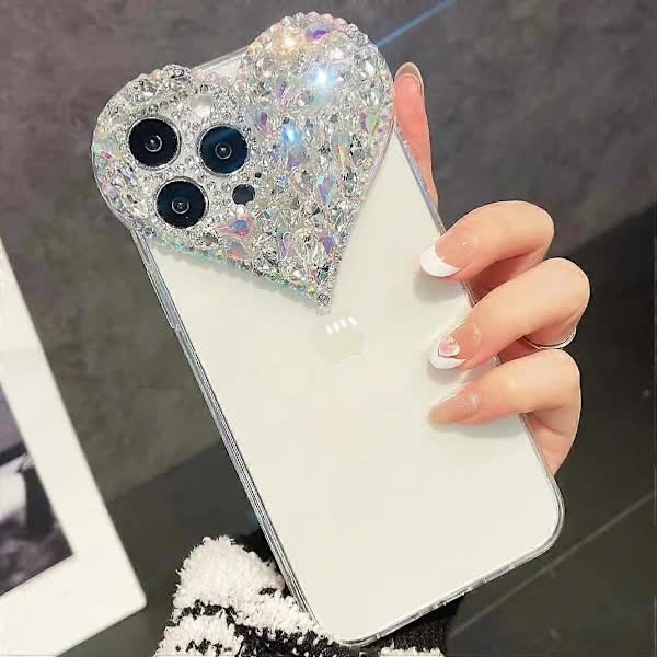 Compatible iPhone 15 Pro Max Case for Women and Girls, Luxury Bling Rhinestone 3D Diamond Love Case, Cute Pink Glitter, Sparkly Protective Case - Image 1