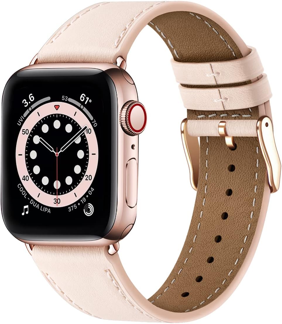 Apple Watch Leather Band, Genuine Leather Replacement Band for Apple Watch Series 9 8 7 6 5 4 3 2 1 & iWatch SE, Ultra (38mm 40mm 41mm, Rose Gold) Pink - Image 2