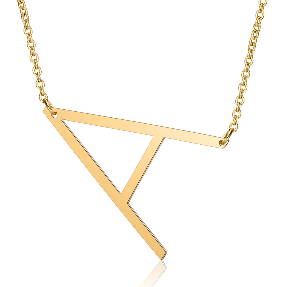 Women's Necklace with Side Block Shaped Initial Letter, Stainless Steel English Letter Necklace, Gold, AA - Image 1
