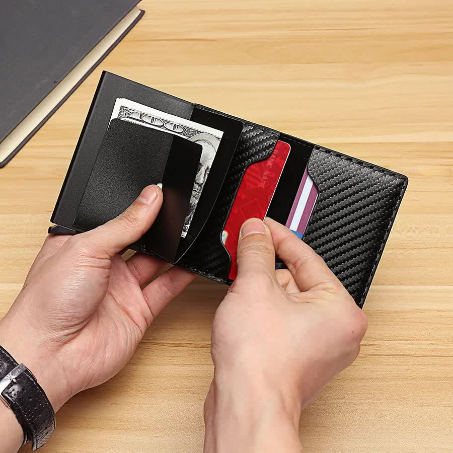 Carbon Fiber Credit Card Holder Wallets Men RFID Black Magic Trifold Leather Slim Mini Wallet Small Money Bag Men's Bags Black - Image 3
