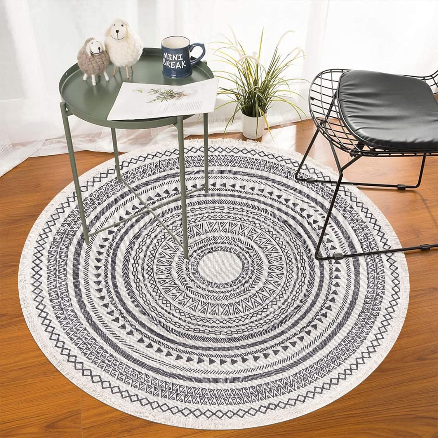 Grey Round Woven Cotton Rug with Fringes 120cm Washable Absorbent Rug Moroccan Style Print 120*120CM—yux 120*120CM - Image 2