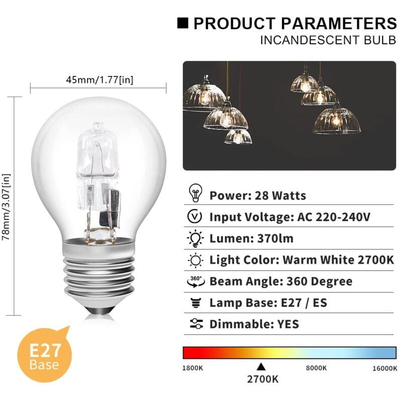 E27 Halogen Bulbs 28W G45 Glass Dimmable Warm White 2700K Golf Ball Shaped Bulb Edison Screw Lamp Clear Shade for Chandelier (6-pack) - Image 3