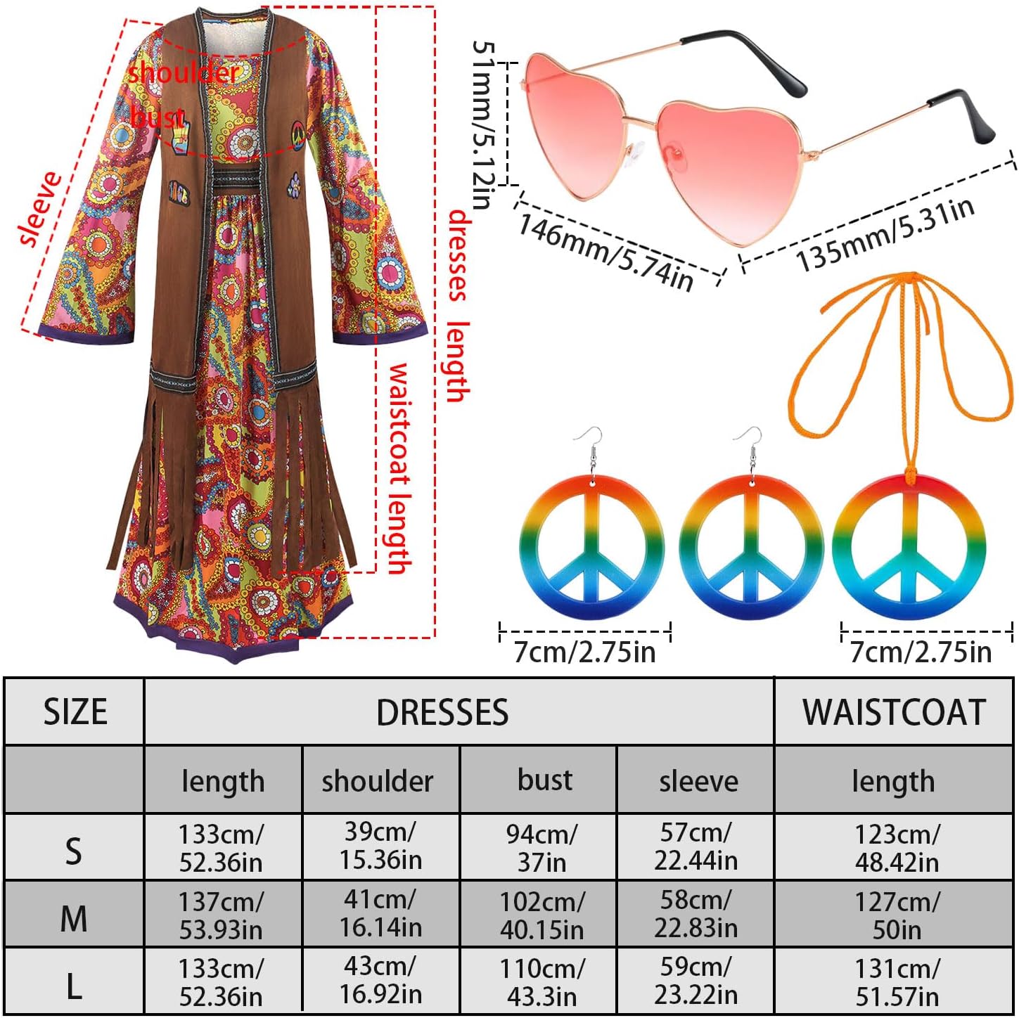 60s costume women, hippie women's dress set, 70s disco halloween outfits, hippie clothing women's costume, 60s clothing accessories M - Image 2