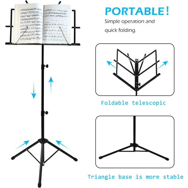 {CA}Adjustable Music Stand, Portable Foldable Metal Stand with Carrying Bag, Lightweight for Storage or Travel, Black - Image 5