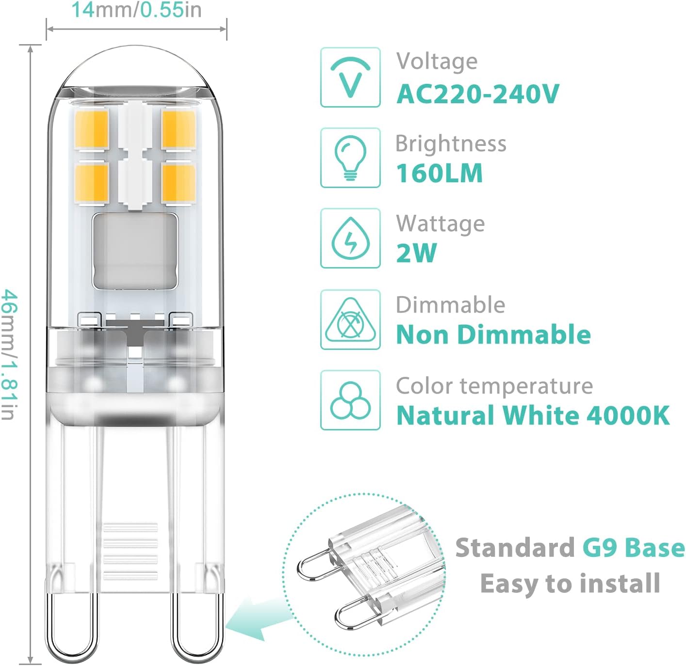 G9 LED bulbs 1.5W equivalent to 20W halogen natural white light 4000K, AC 220-240V, non-dimmable, mini bulb, flicker-free, 6-pack_MGF - Image 2