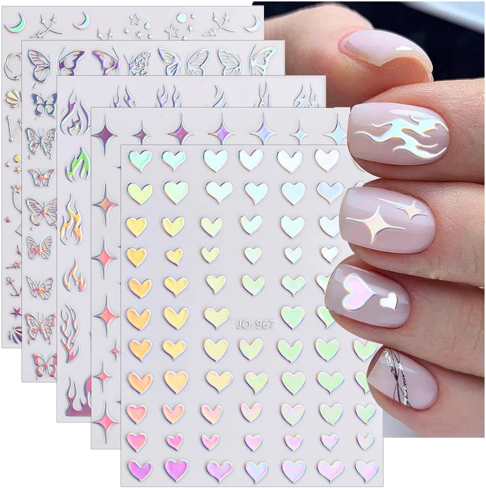 Sheets Aurora Nail Stickers 3D Holographic Laser Heart Star Moon Flame Flower Butterfly Nail Decals Self-adhesive Nail - Image 1