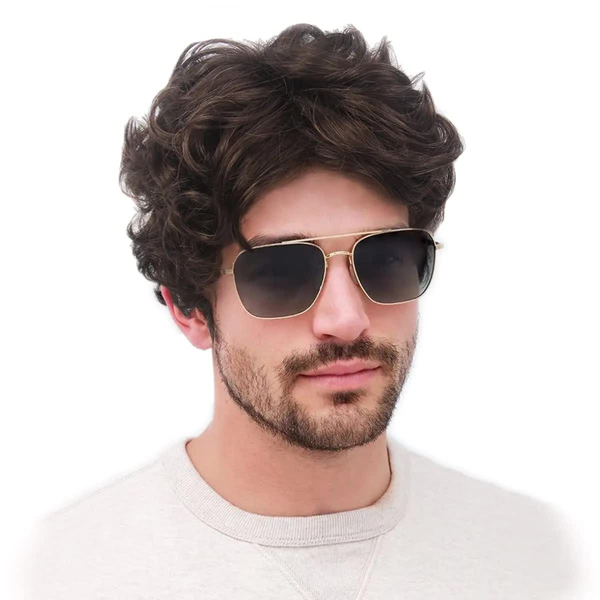 Short Black Men's Wig with Curly and Fluffy Wigs, Natural Synthetic Wigs for Men, Daily Party Wear for Men Brown 10 Inch - Image 1