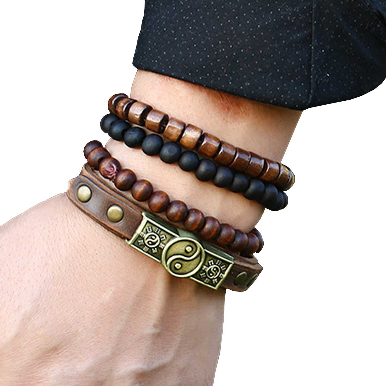 4-pack handmade leather bracelets for men with wooden beads, brown - Compatible with iPhone brown - Image 2