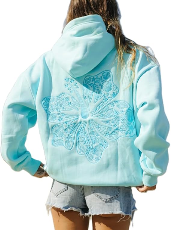 Palm Puff Oversized Hoodies for Women, Teenage Girls Preppy Sweatshirt Long Sleeve Y2K Graphic T-shirt with Pockets Light Blue Light Blue Light Blue S - Image 1