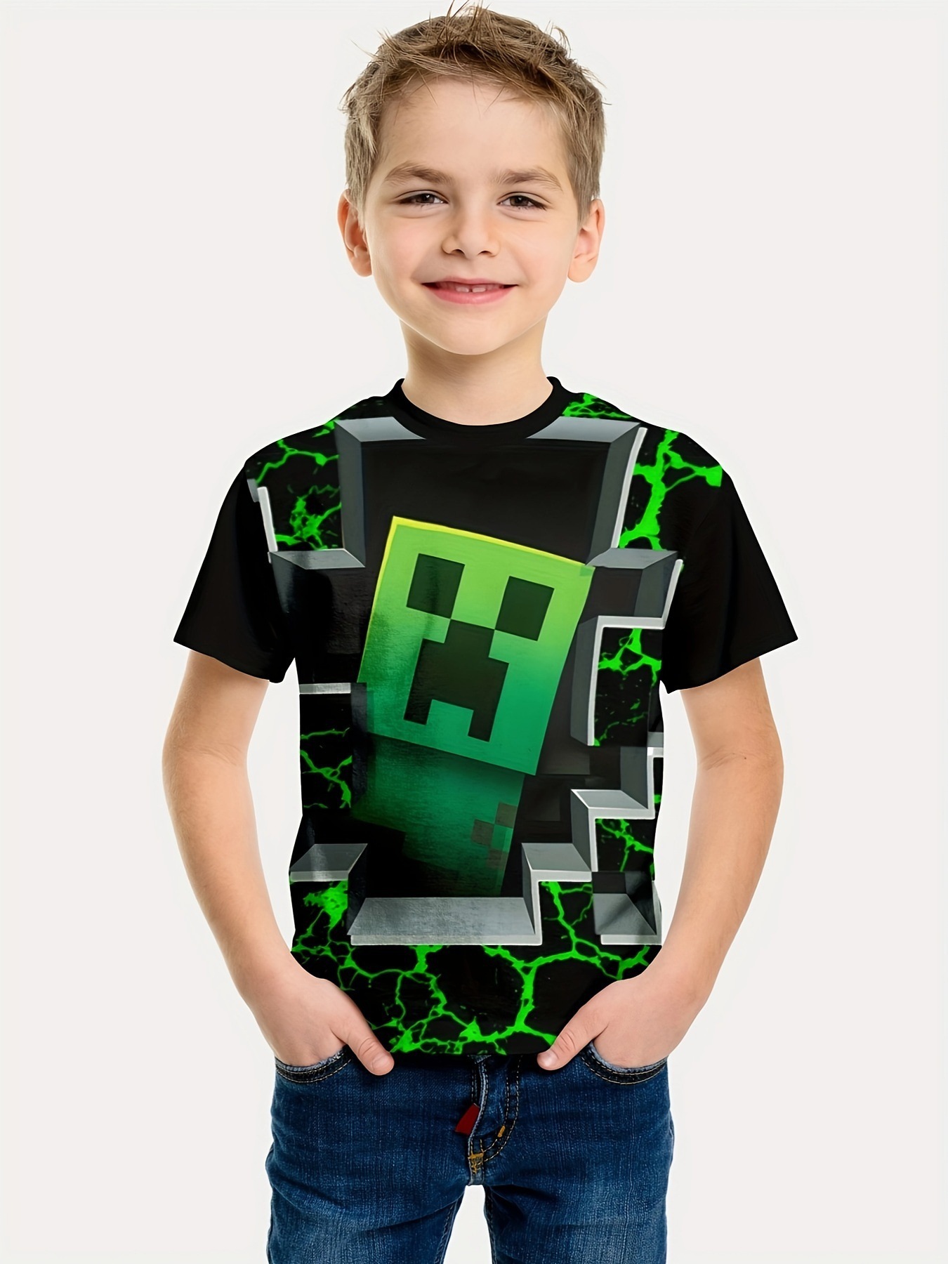 Minecraft T-shirt for boys and girls, cute pattern design, cartoon print, round neck, funny short sleeve top, casual spring summer children D 140cm - Image 1