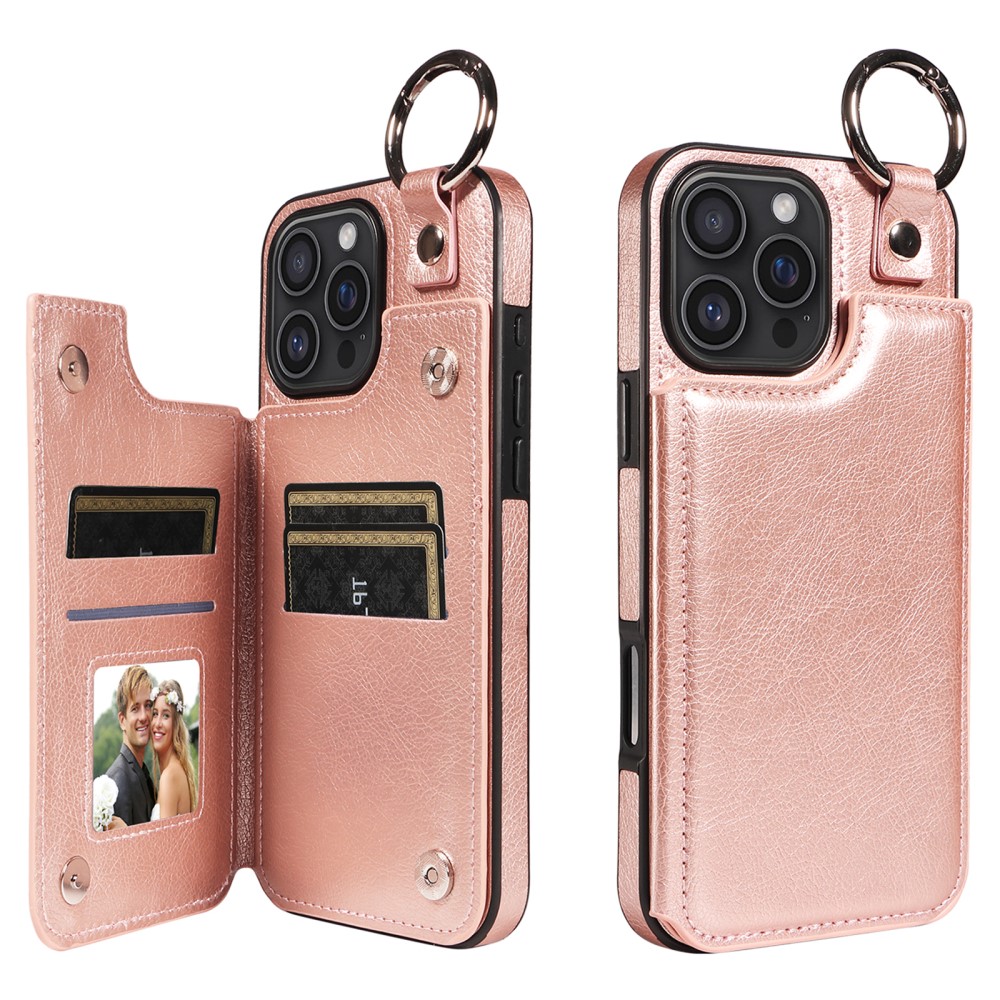 SKALO iPhone 16 Pro Max PU Leather Card Holder with Ring Case - Rose Gold Pink gold_yux - Image 1