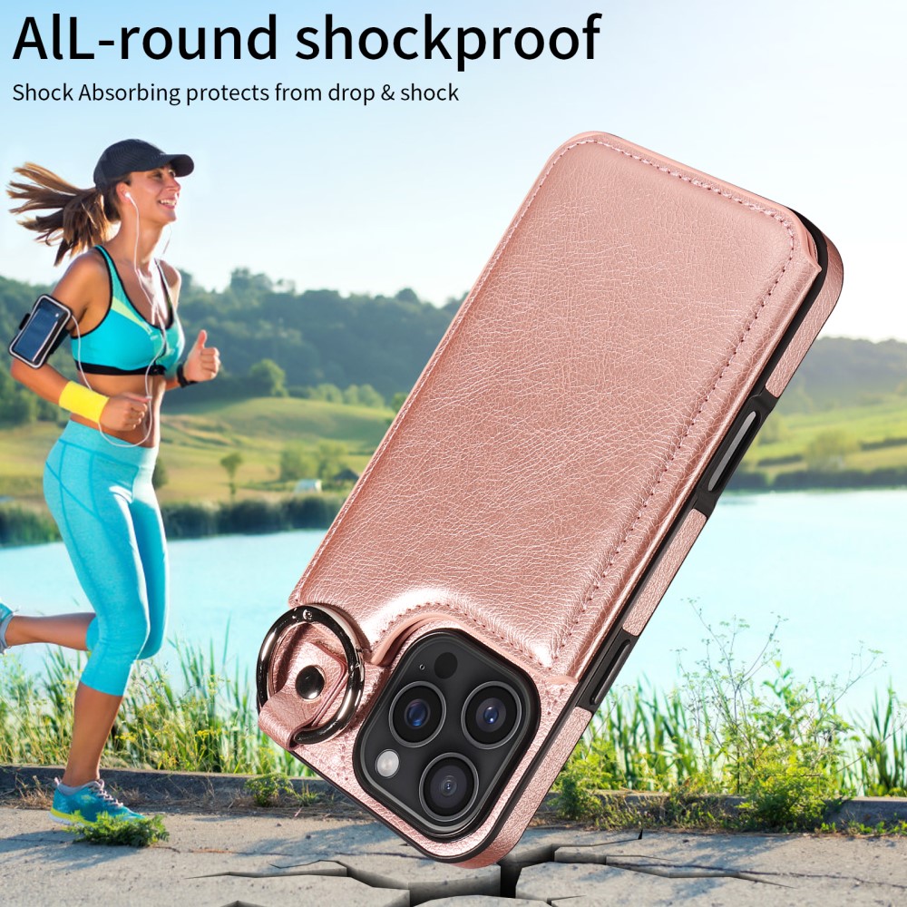 SKALO iPhone 16 Pro Max PU Leather Card Holder with Ring Case - Rose Gold Pink gold_yux - Image 3