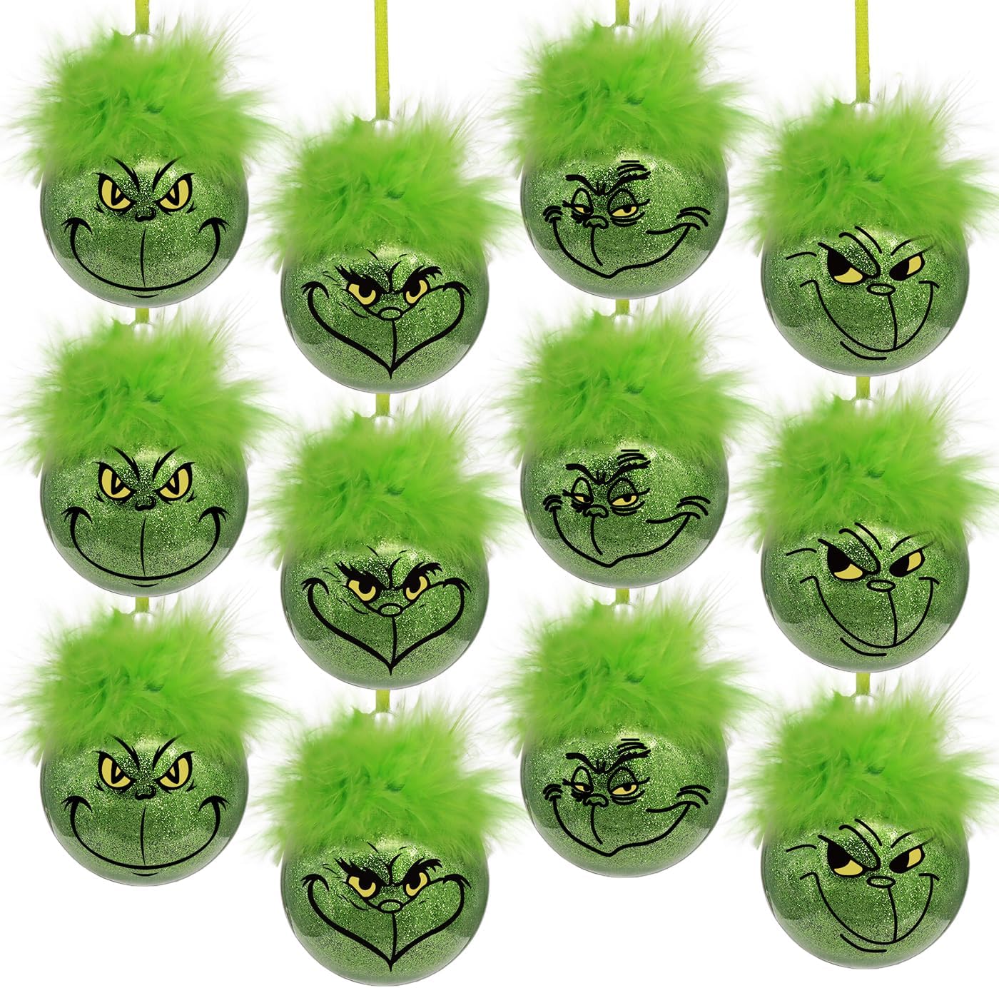 Christmas decorations for indoor use: 12 pcs cute Grinch Christmas tree baubles with fluffy green hair, glittering Grinch Christmas baubles for the Christmas tree-tfrf - Image 1