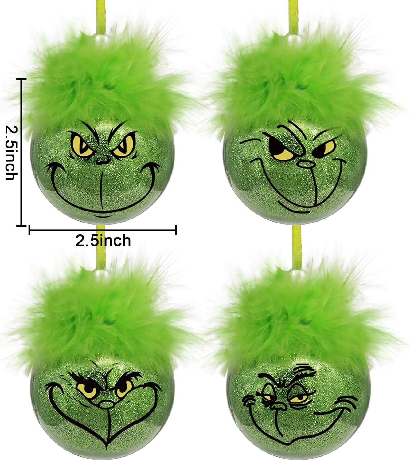 Christmas decorations for indoor use: 12 pcs cute Grinch Christmas tree baubles with fluffy green hair, glittering Grinch Christmas baubles for the Christmas tree-tfrf - Image 2