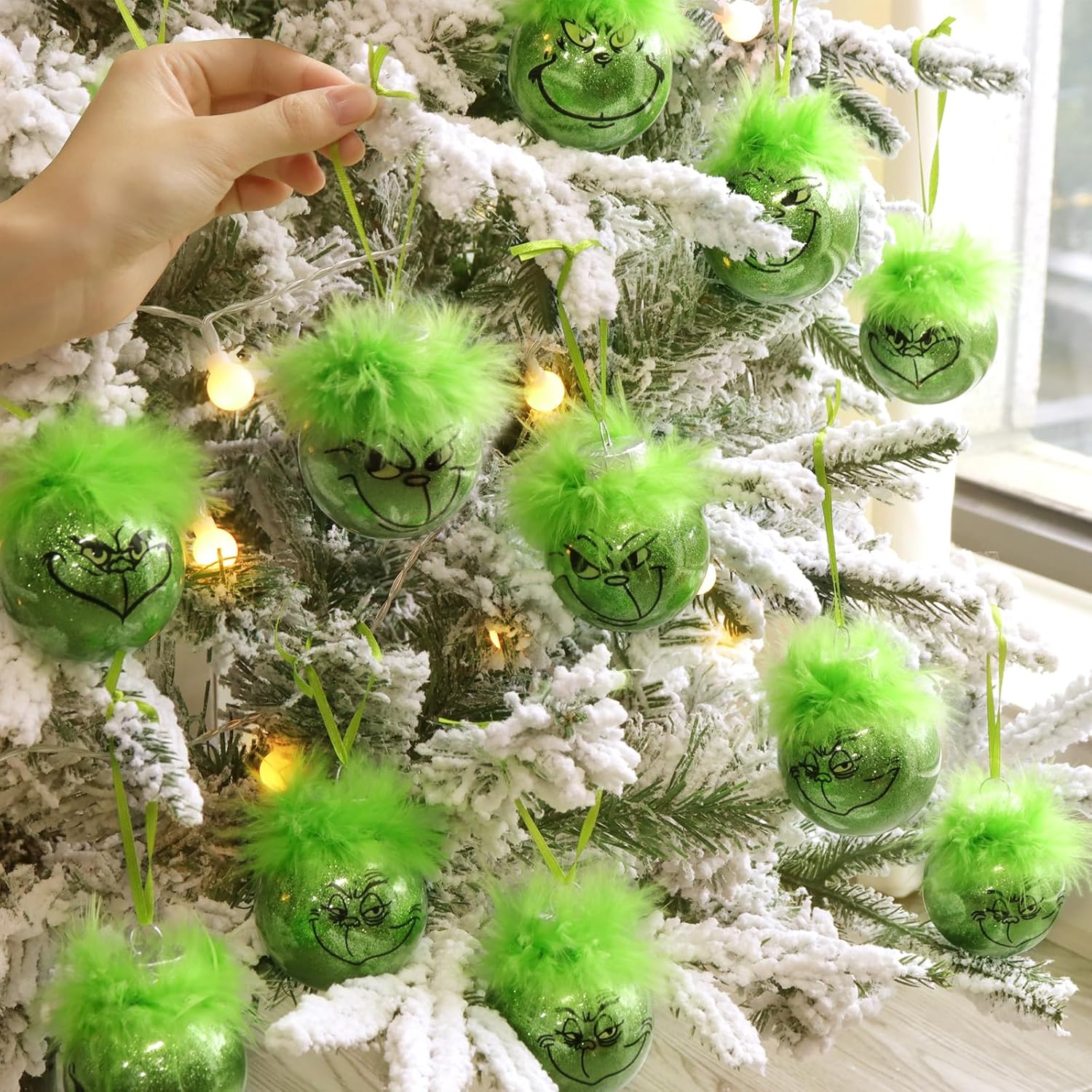 Christmas decorations for indoor use: 12 pcs cute Grinch Christmas tree baubles with fluffy green hair, glittering Grinch Christmas baubles for the Christmas tree-tfrf - Image 3