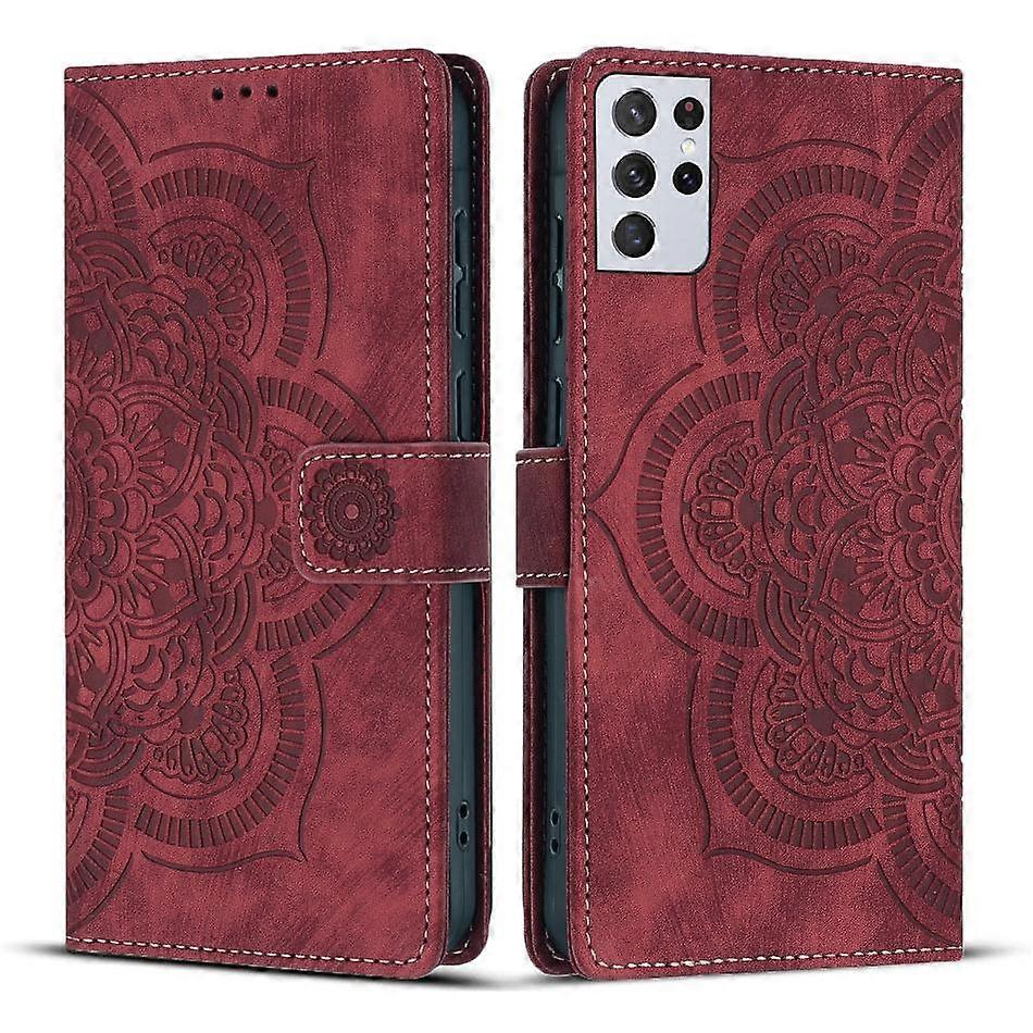Mandala Embossed Retro Frosted Leather Phone Case Red For Samsung Galaxy S21 Ultra 5G - Image 1