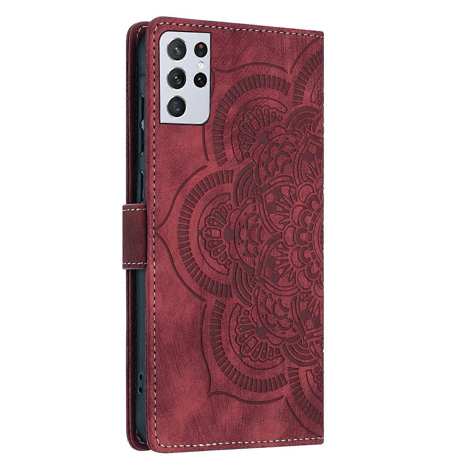 Mandala Embossed Retro Frosted Leather Phone Case Red For Samsung Galaxy S21 Ultra 5G - Image 3