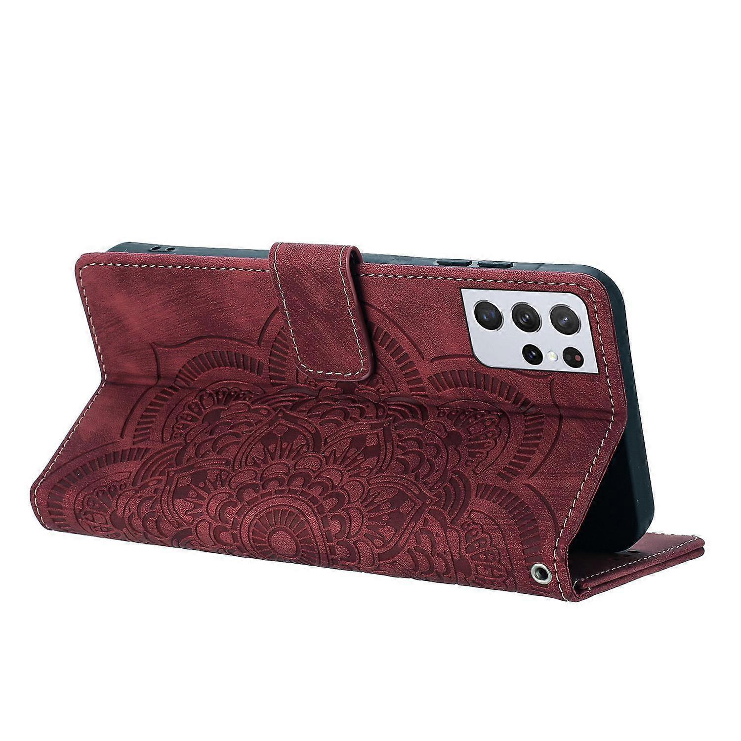 Mandala Embossed Retro Frosted Leather Phone Case Red For Samsung Galaxy S21 Ultra 5G - Image 4