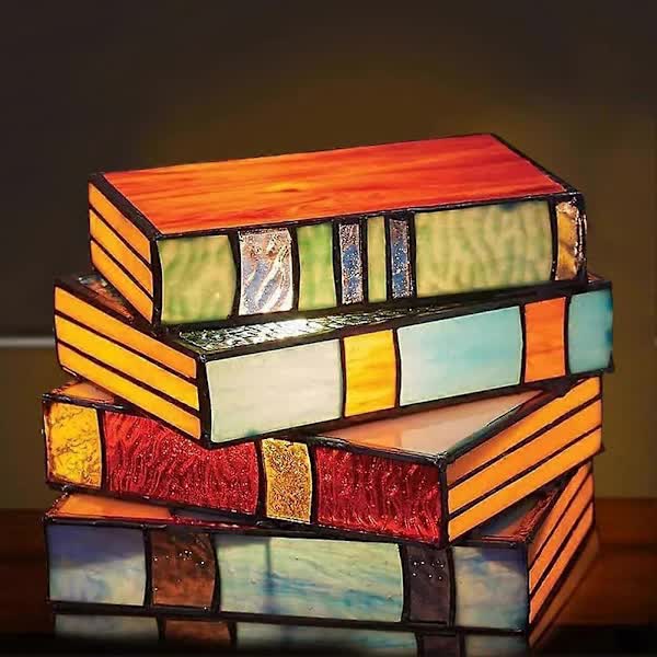Stained Glass Stacked Books Lamp, Stacked Books Glass Lamp Night Light, Reading Corner Table Lamp, Book Lamps, Table Lamp Home Decor - Image 1