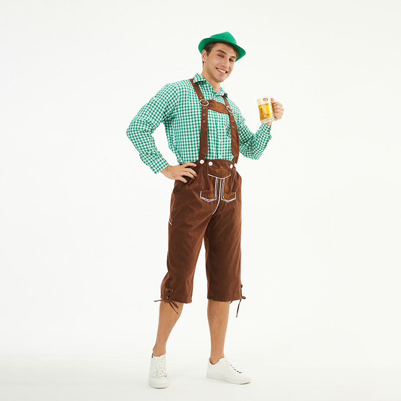 Munich Oktoberfest Clothing Men's Plaid Shirt Overall Costume Stage Performance Clothing Brown pants+red top(without hat) XL - Image 1