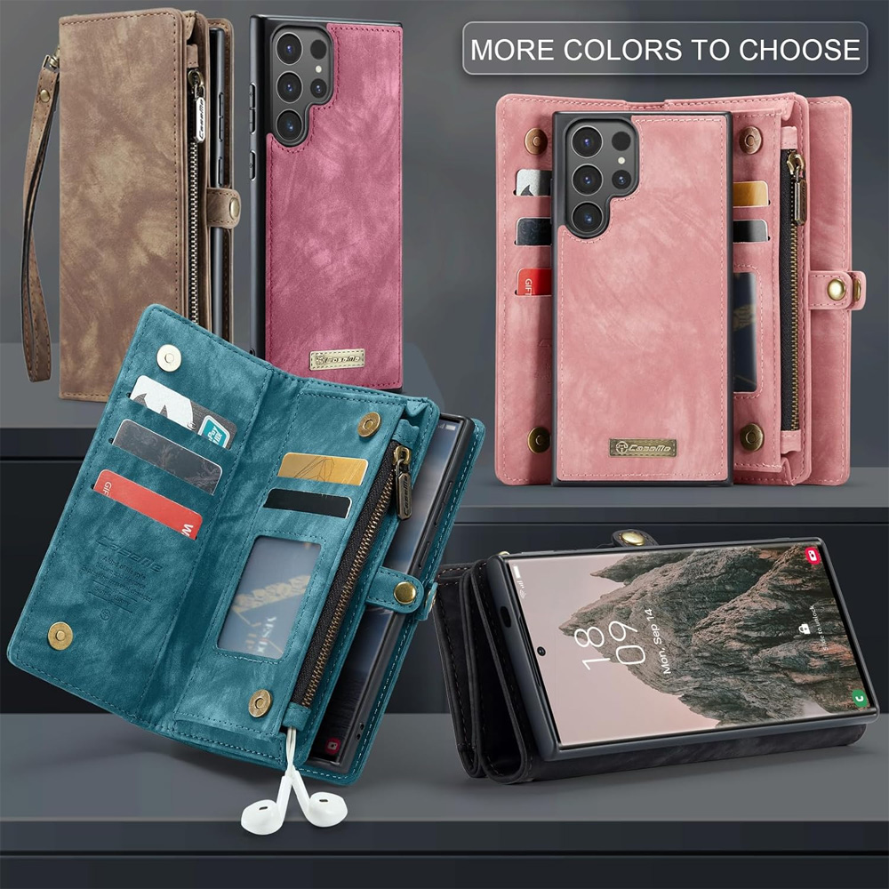 2-in-1 Detachable Wallet Case for iPhone 16 & Samsung, Retro Leather Flip Case with Card Holder & Magnetic Zipper, Dark Pink Dark Pink iPhone16 Pro Max - Image 7