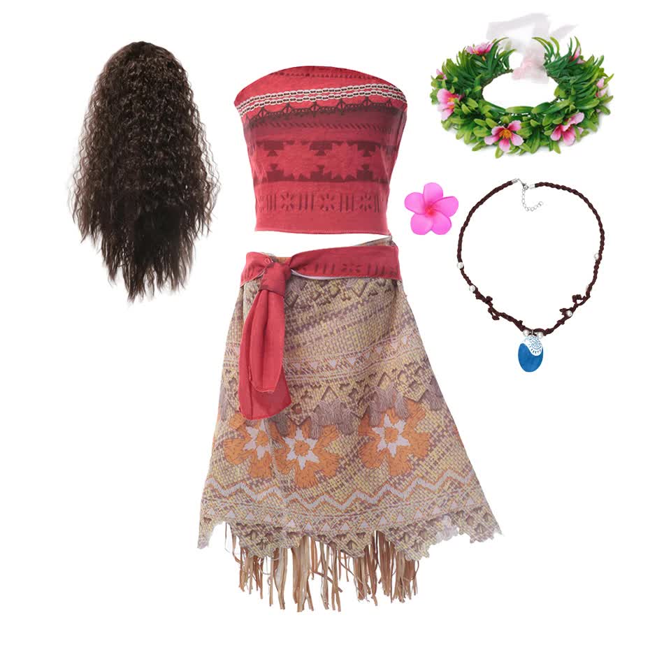 Moana Dresses Girls Children's Clothing Cosplay Vaiana Princess Dress Necklace Wig Kids Carnival Party Summer Disney Costume Set Moana Set 03 Moana Set 03 9-10T(150) - Image 1