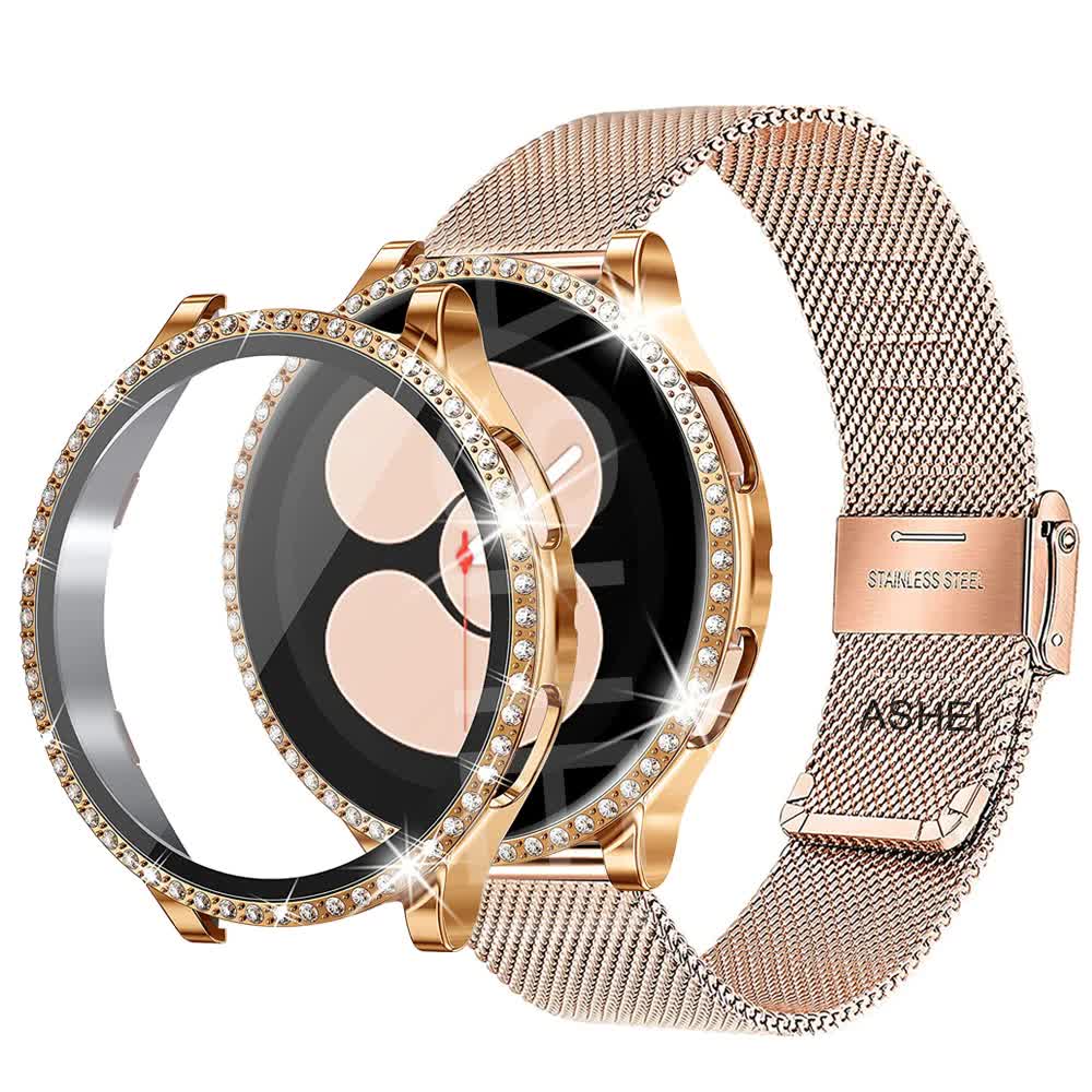 Compatible with Samsung Galaxy Watch 4 5 6 Bracelet Case 40mm 44mm Mesh Loop Stainless Steel Strap Bling Case Gold Set watch6 40mm - Image 1
