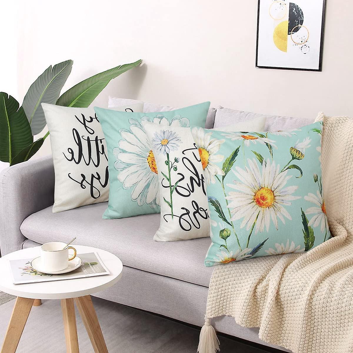 Cushion Cover 45 x 45 cm Set of 4 Decorative Cushions Daisy Cushion Cover Decoration Cotton Decorative Cushions for Garden Living Room Bedroom Modern - Image 2