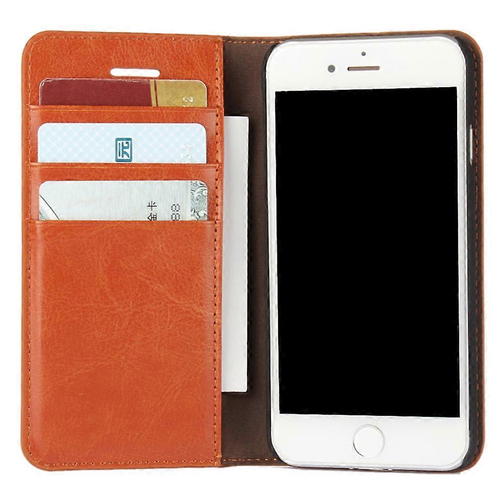 For iPhone SE (2020)/SE (2022)/8/7 4.7 inch Oil-Rimmed Crazy Horse Genuine Leather Attached Hard PC Inner Case Wallet Stand Flip Phone Case Brown - Image 5