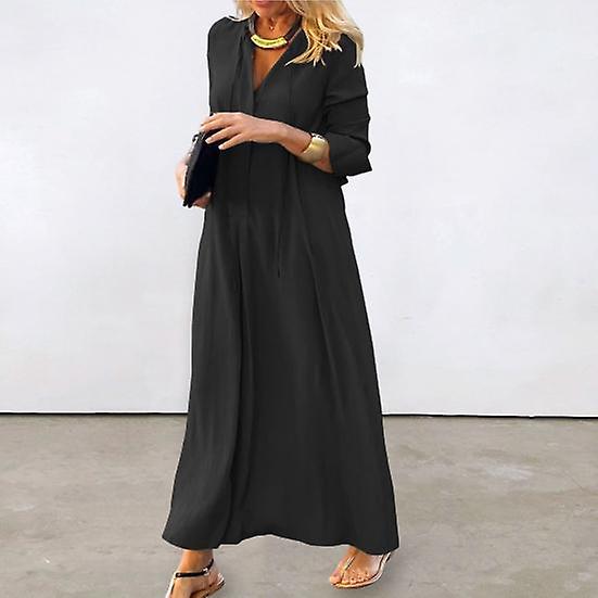 Shirt Dress High Waist Warm Skin-friendly Popular Women Solid Color Pullover Autumn Long Dress for Holiday black black_yux black 2XL - Image 2