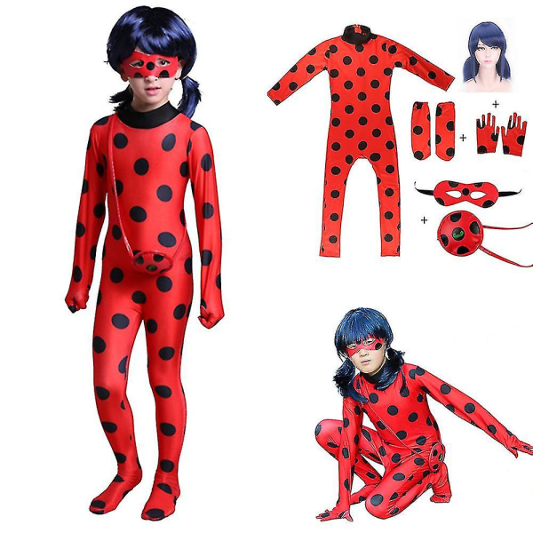 Bimirth Kids Girls Ladybug Cosplay Set Halloween Party Jumpsuit Costume with Blindfold, Wig, Bag 140 (130-140cm)_tfrf 140 (130-140cm) - Image 1