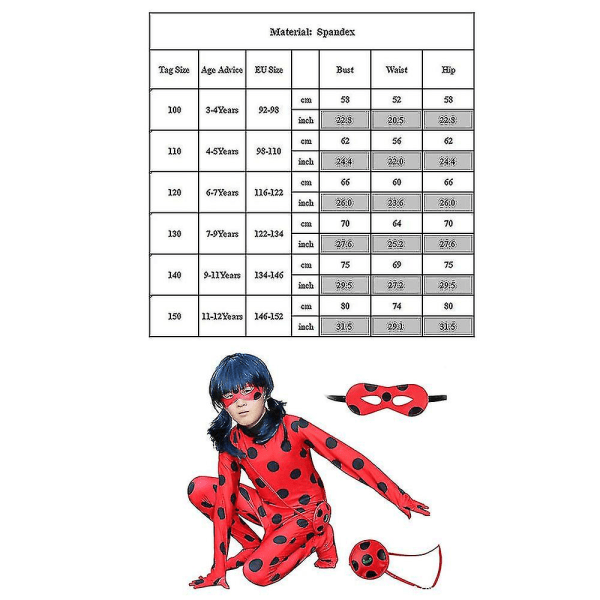 Bimirth Kids Girls Ladybug Cosplay Set Halloween Party Jumpsuit Costume with Blindfold, Wig, Bag 140 (130-140cm)_tfrf 140 (130-140cm) - Image 5