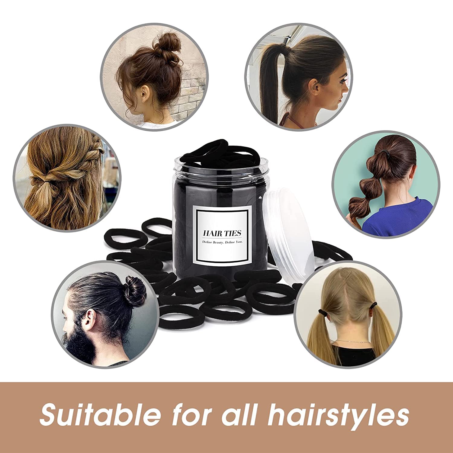 50 pcs Black Hair Ties, Seamless Cotton Ponytail Holders, Elastic Hair Bands That Don't Hurt for Thick, Heavy and Curly Hair dark - Image 4