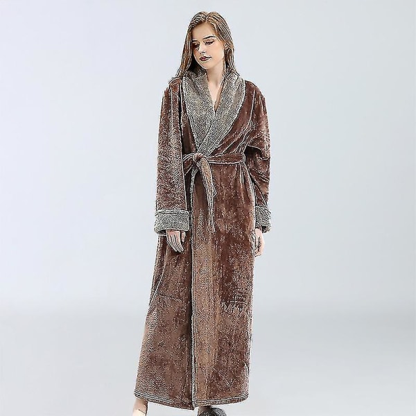 Women's Bathrobe Dressing Gown Bathrobe Warm Soft Fleece Long Coats Nightgown Coffee XL - Image 2