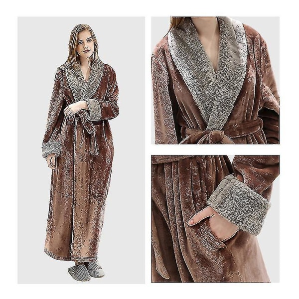 Women's Bathrobe Dressing Gown Bathrobe Warm Soft Fleece Long Coats Nightgown Coffee XL - Image 3