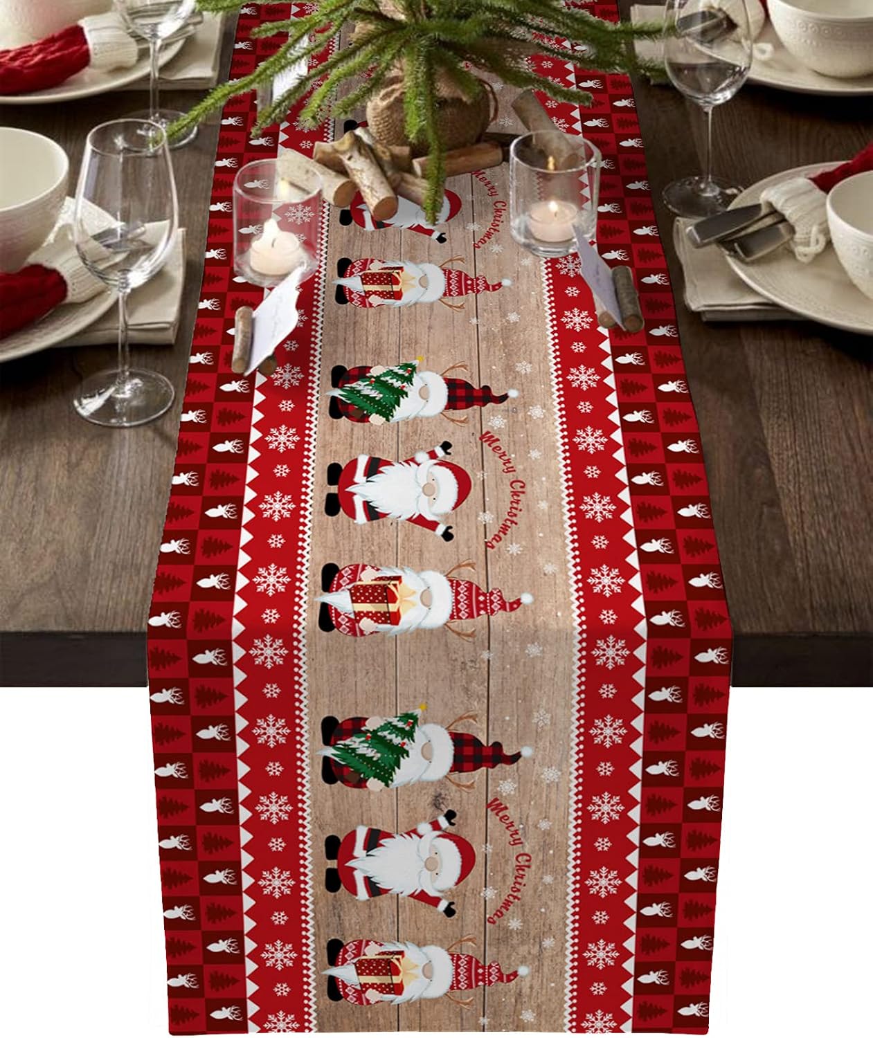 Christmas Table Runner, Rustic Red Checkered Santa Runner for Christmas and Birthday Parties, Kitchen and Dining Tables, Home Decor, 46x183 cm (W)_tfrf - Image 1